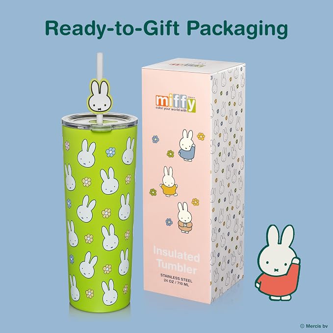 Dragon Glassware | Miffy Stainless Steel Tumbler with Straw, 24 oz - Green | Vacuum Insulated Stainless Steel Tumbler with Straw & Lid; Double Walled Tumbler with Straw Charm; Miffy Cup with Lid