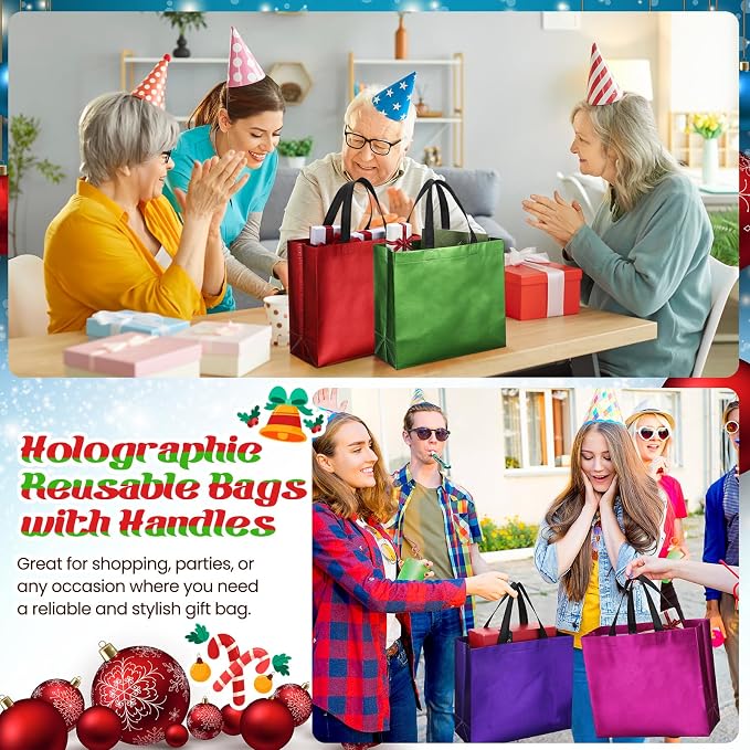 Eccliy Reusable Gift Bags Set Glossy Grocery Gift Tote Bag with Handle for Wedding, Bridal Shower, 4th of July, Summer Event(12 x 11 x 4.7 I Inch,Multicolor,80 Pcs)