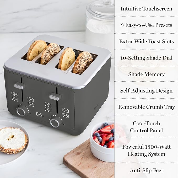 Martha Stewart 4 Slice Toaster, 10 Shade Settings with Defrost, Cancel, Bagel & Gluten-Free, Extra-Wide Self-Centering Slots for Waffles & Artisan Bread, Removable Crumb Tray, Cord Wrap, 1800W, Caviar