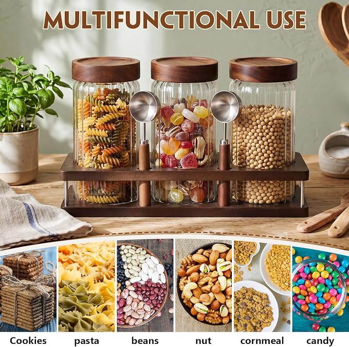 Suclain 3 Pcs 44 oz Glass Coffee Grounds Container with Shelf Glass Coffee Bean Storage Canisters with Airtight Lid and Measuring Spoon Food Storage Jars for Kitchen Sugar (Trendy Style)