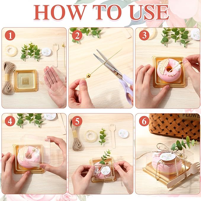 Honeydak Clear Cake Containers Mooncake Boxes with Lids, Wedding Dessert Cupcake Box with Forks, Thank You Tags Eucalyptus Leaves, Mini Cake Packaging for Wedding Favors Birthday Party(Gold,50 Sets)