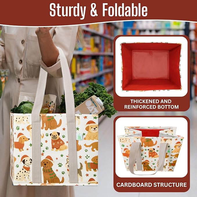 VENO 3 Pack Reusable Grocery Bags, Shopping Bags for Groceries, Tote with Handles and Hard Bottom, Foldable Shopping Cart Organizer, Water Resistant, Heavy-Duty (Holiday Pups, 6 Gallon)