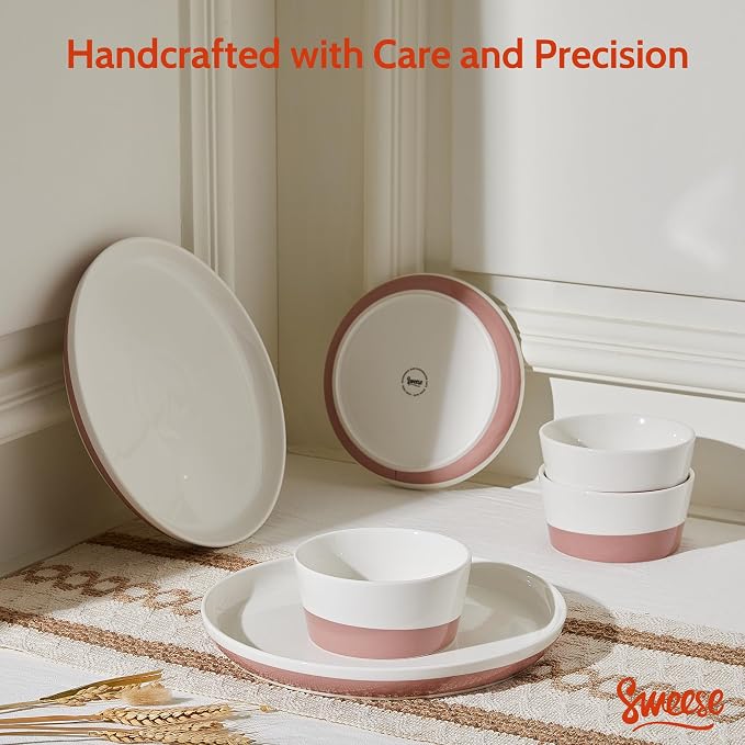 Sweese Plates and Bowls Set, Porcelain Dinnerware Sets for 6, 18 Pieces Handcrafted Glaze Dishes, Chip and Scratch Resistant, Microwave Oven & Dishwasher Safe Dishwasher Safe, White & Pink ﻿