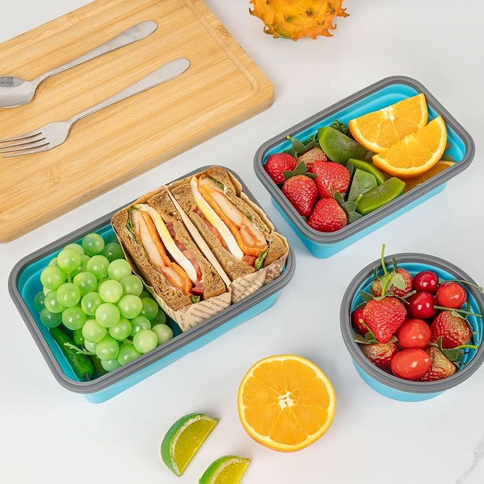 Collapsible Silicone Food Storage Containers Set with Lid & Air Vent, Foldable Lunch Containers, 16 Pack (8 Rectangular + 8 Round Bowls), BPA-Free, Space-Saving