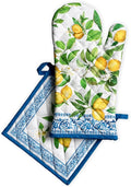 Maison d' Hermine 100% Cotton Oven Mitt & Pot Holder Set (7.5"x13" & 8"x8") Heat Resistant BBQ Cooking Gloves with Loop Baking Grilling Kitchen Gifts for Mothers Day Spring/Summer (Cedrat)