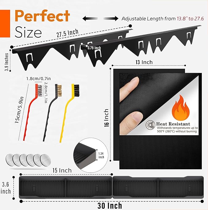 Stove Gap Covers Stainless Steel 2PC(0.08"–0.7" W,13.8"–27.5" L)+30"(2×15") Silicone Magnetic Stove Shelf+4PC Gas Burner Covers|Heat Resistant Non-Stick Range Accessories,Bonus Cleaning Brushes