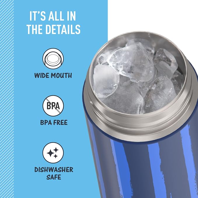 THERMOS FUNTAINER 16 Ounce Stainless Steel Vacuum Insulated Bottle with Wide Spout Lid, Nautical Stripes