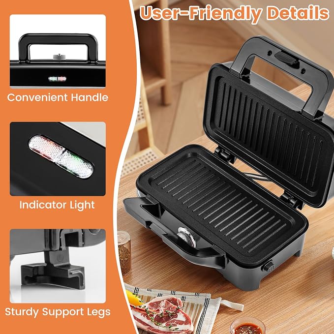COSTWAY 1200W Waffle Maker with Removable Non-Stick Plates, Panini Grill Press with 5-Gear Temperature Control, 3-in-1 Sandwich Maker for Breakfast
