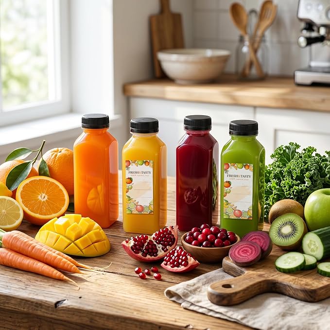 TOMNK 80pcs Juice Bottles, 12oz Reusable Plastic Juice Bottles with Caps and Labels, Funnel, Brush Beverage Containers for Juicing, Smoothies, Tea, Milk