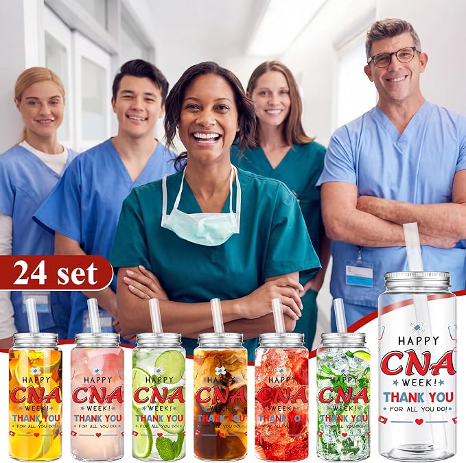 Skylety 24 Pcs CNA Gifts Cups Bulk, 2026 CNA Week Gifts, Nursing Assistant 14 oz Reusable Plastic Cups with Straw and Lid for Nursing Assistant Medical Staff Graduation