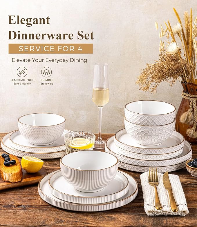 GBHOME Stoneware Dinnerware Sets Service for 4, 12 Piece Embossed Plates and Bowls Set, Elegant Ceramic Dish Set, Chip Resistant, Microwave & Dishwasher Safe, Off white（stackable)