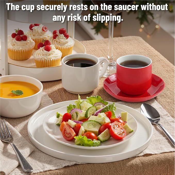 BTaT- Stackable Coffee Cups with Saucers, Set of 6, 8 Ounce, Red, Porcelain Cappuccino Cups for Coffee Drinks, Cappuccino, Latte, Espresso, Americano and Tea, Microwave & Dishwasher Safe
