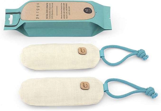 PURGGO Bamboo Charcoal Air Purifying Bag - Lasts 365+ Days - Shoe Deodorizer, Odor Eliminator - No Chemicals - Air Freshener for Shoes and Closet - Remove Odor Naturally [2 Pack] [Beige]