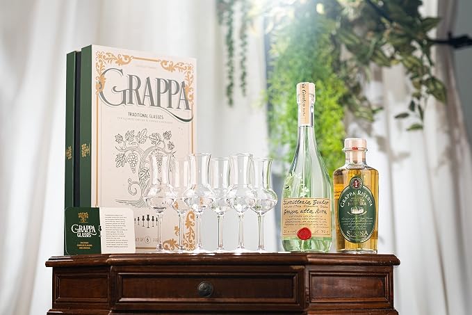 Crystal Grappa and Cordial Glasses | Set of 6 | Small 3 oz Long Stemmed Spirit Glassware for Liqueur, After Dinner Drink, Aperitif, Digestive | Italian Tulip Shaped Liquor Stemware for Nosing, Sipping