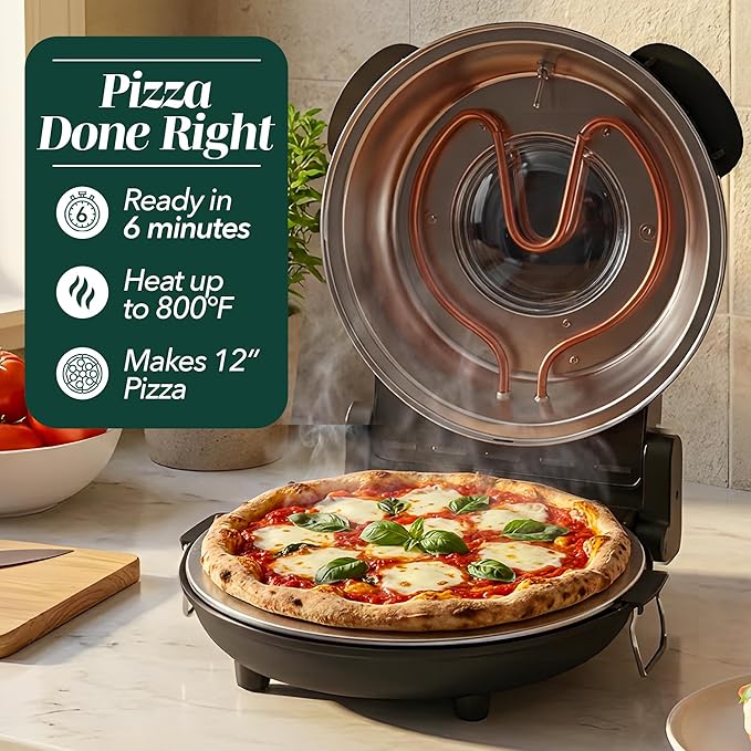 Cook With Color Electric Countertop Pizza Oven, Indoor Crispy Crust Pizza Maker, 12 Inch Pizza Oven with Ceramic Stone, Heats up to 800°F, Dual Temperature Control, Includes Pizza Peel, Black