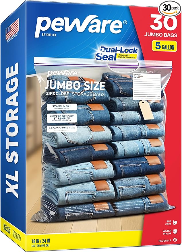 Extra Large 5 Gallon Zip Top Bags for Storage, Clear Plastic Bags for Clothes, Toys, Packing, Moving, and Organizing, 18"x24" [30 COUNT]