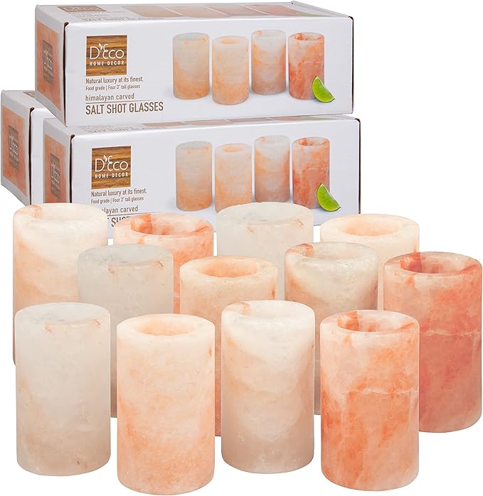 Deco Himalayan Salt Shot Glasses (12 Pack) - Hand-Carved 3" All-Natural Pink Salt Tequila Shooters Set - Mess-free way to add salty flavor to any shot - Great for Cinco De Mayo Parties & Home Bars