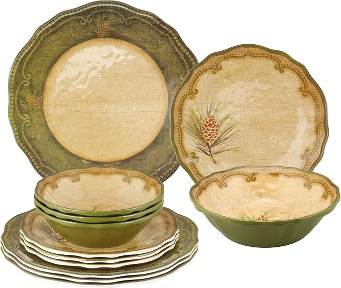 UPware 12 Piece Woodland Pinecone Melamine Dinnerware Sets, Outdoor Dishes Set, Plates and Bowls Sets, Service for 4, Dark Green