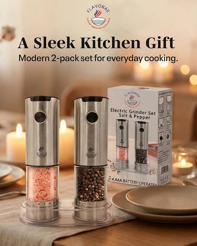 Electric Salt and Pepper Grinder Set - Silver 2 Pack Battery Operated Mills with 95ml Large Capacity, Adjustable Coarseness, Built-in LED Light, Automatic Salt & Pepper Shakers for Kitchen