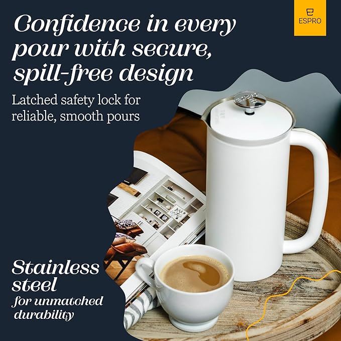 ESPRO Pro P7 French Press Stainless Steel 304 – Patented Double Walled Micro-Filter Insulated French Press Coffee Maker, Grit-Free Brew - Heat Resistant BPA Free - Matte White - 18oz
