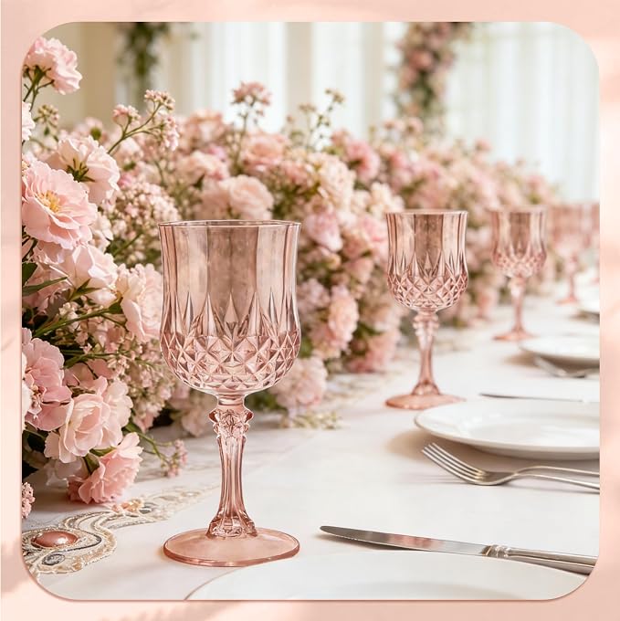 7OZ Plastic Wine Glasses, Reusable Vintage Goblets Unbreakable Drinking Glasses Crystal Water Cups Champagne for Wedding, Parties (48, Rose Gold)