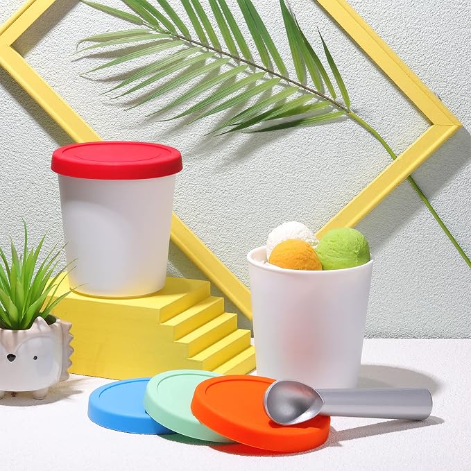 Nuenen 5 Pack Ice Cream Containers 1Qt Freezer Storage Tubs with Silicone Lids and Spoon for Homemade Ice Cream Reusable, Sorbet Dishwasher Safe(Blue, Red, Green, Orange)