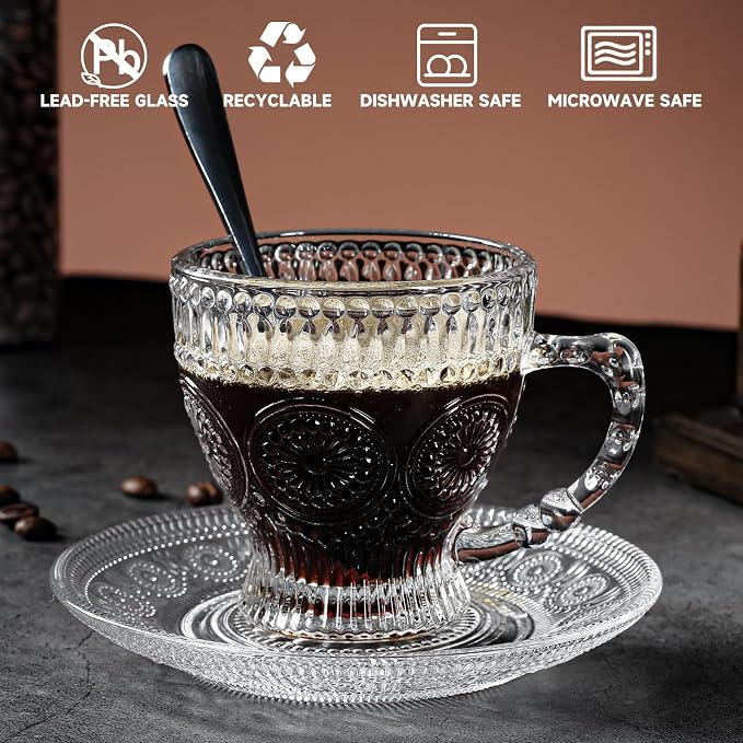 Glass Teacups and Saucers Set of 6, Vintage Coffee Mugs with Stainless Steel Spoon, Dishwasher & Microwave Safe Teacups for Espresso Cappuccino Latte Tea Juice, 7OZ/210ML, Clear
