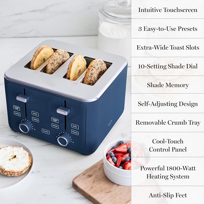 Martha Stewart 4 Slice Toaster, 10 Shade Settings with Defrost, Cancel, Bagel & Gluten-Free, Extra-Wide Self-Centering Slots for Waffles & Artisan Bread, Removable Crumb Tray, Cord Wrap, 1800W, Indigo