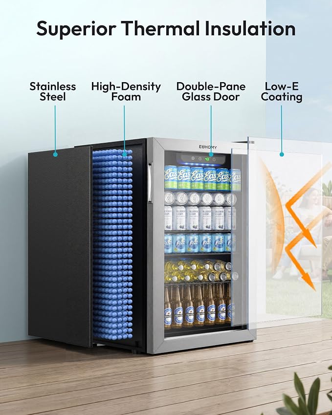 EUHOMY Beverage Refrigerator and Cooler, 128 Can Mini fridge with Glass Door, Small Refrigerator with Removable Shelves for Soda Beer or Wine, Perfect for Home/Bar/Office, Silver