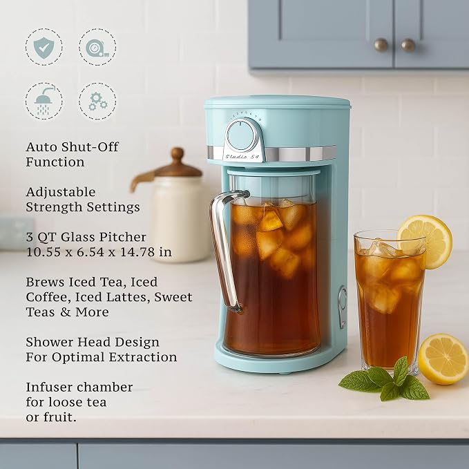 Retro Iced Tea Maker with Infuser, 3QT Glass Pitcher Electric Tea and Coffee Brewer, Adjustable Strength Cold Brew Maker for Iced Coffee, Iced Lattes, Sweet Tea & Fruit Infusions