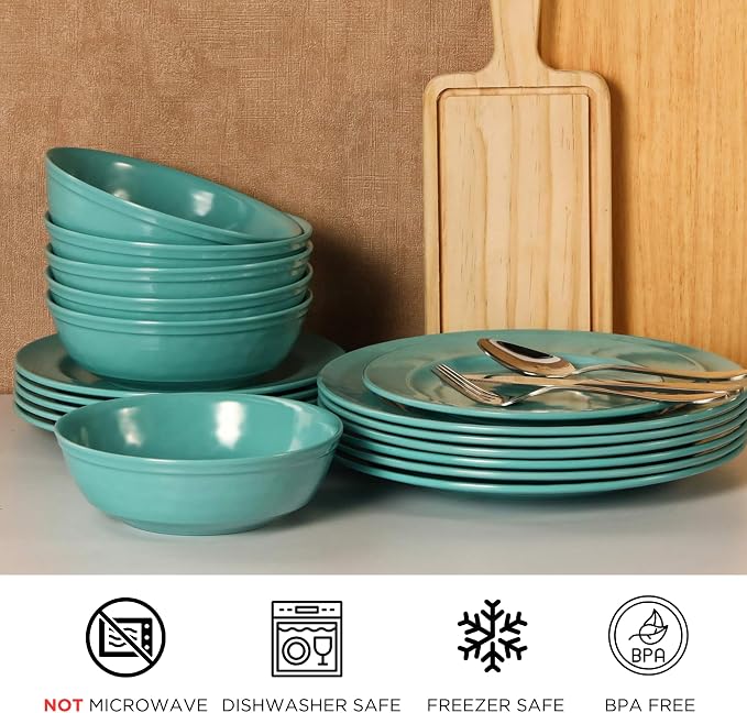 TP 12-Piece Melamine Dinnerware Sets, Plates and Bowls Dishes Set for 4, Break-Resistant & Non-Microwavable, Lightweight Dinner Plates, Teal