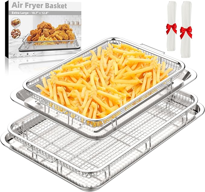 Air Fryer Basket, 2 Set Air Fryer Pans and Tray for Oven with 60 PCS Parchment Papers, DEGOVIN Non-stick Stainless Steel Oven Air Fryer Basket and Tray-18.8" x 12.8"Extra Large &14.88"×10.98"Large