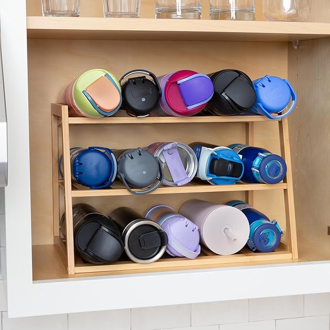 Honey-Can-Do 3-Tier Bamboo Water Bottle Organizer Rack - Stackable, Natural Wood Storage for Cabinet & Pantry