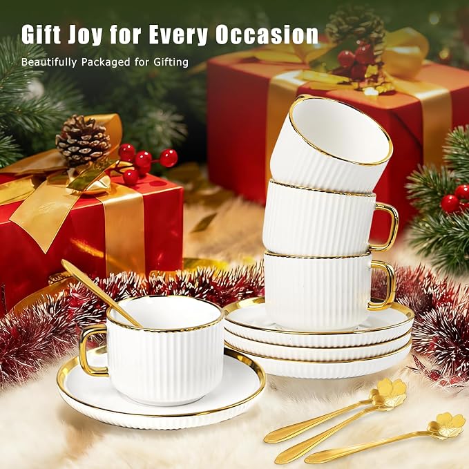 Cappuccino Cups Set of 4, 7oz Espresso Cups Set with Saucers and Sakura Spoons, Gold Trim Ceramic Coffee Tea Cups for Latte, Mocha, Au Lait, Dishwasher & Microwave Safe, Art Deco (Gold Striped/200ml)