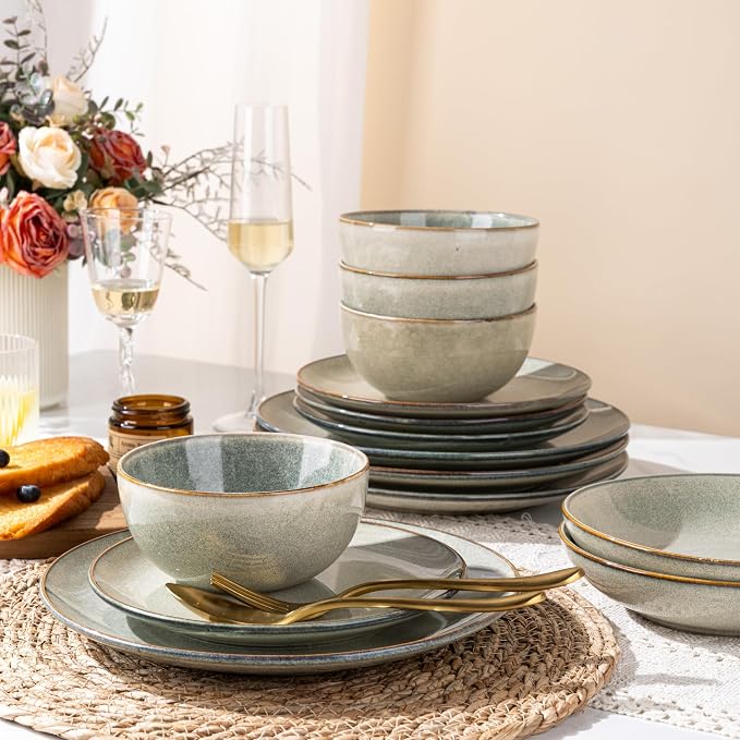 GBHOME 24 Pieces Double Bowls Dinnerware Sets for 6, Stoneware Plates and Bowls Set with Reactive Glaze, Scratch Resistant Stoneware Dishes Set, Dishwasher & Microwave Safe