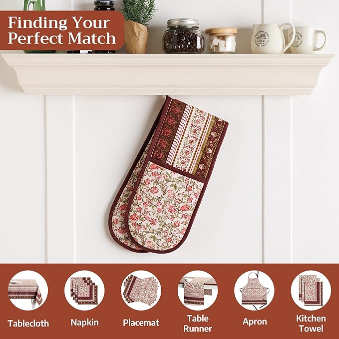 Maison d' Hermine Double Oven Mitt (7" x 35") 100% Cotton Heat Resistant BBQ Cooking Gloves with Loop for Thanksgiving Christmas Decorations Baking Cooking Handling Hot Pan (Reveillon Au Jardin)