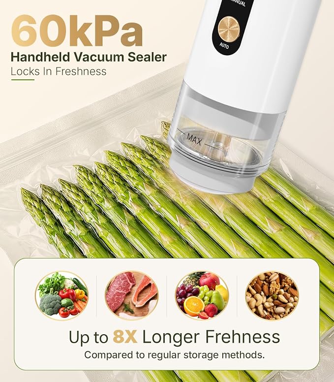 Compact Handheld Vacuum Sealer for Food, Portable Wireless Vacuum Sealer with 60kPa Suction, Dual Modes, Visible Water Reservoir, Includes Complete Set for Food Preservation
