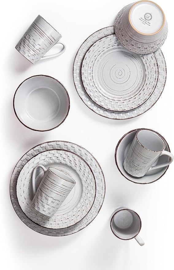Lorren Home Trends 16 Piece Distressed Weave Dinnerware Set-White