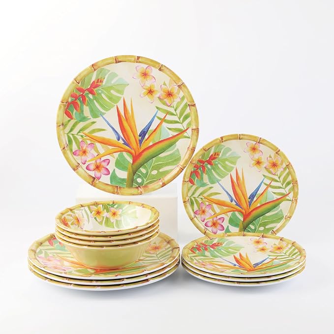 UPware 12 Piece Bird of Paradise Melamine Dinnerware Sets, Outdoor Dishes Set, Plates and Bowls Sets, Service for 4, Multicolor
