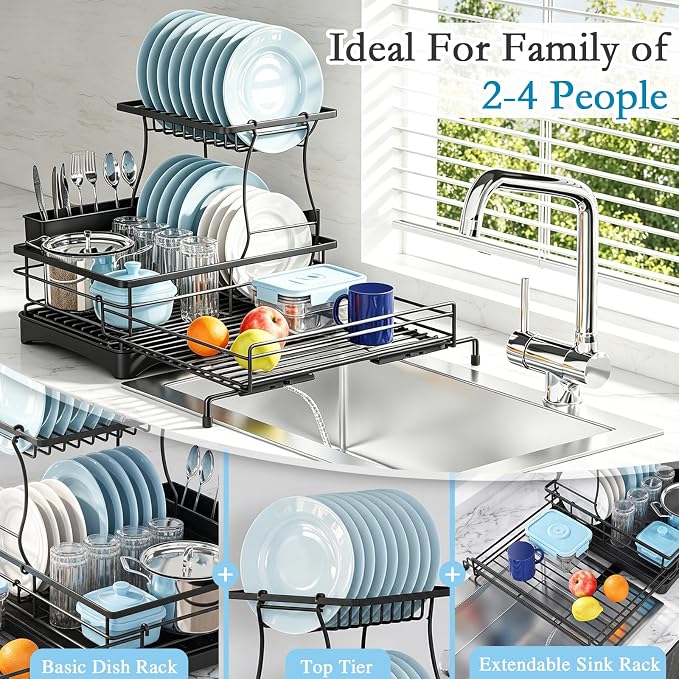 2 Tier Dish Drying Rack, Large Extendable Dish Racks for Kitchen Counter , Dishrack with Drainboard, 2-in-1 Anti-Rust Stainless Steel Dish Drainer with Utensil Holder (Black, double of Dish Rack)