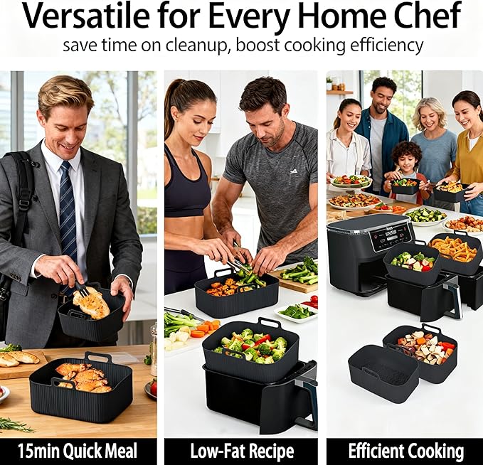 Silicone Air Fryer Liners for Ninja - Reusable DZ201 8QT Dual Basket - Rectangular 2-Pack Vacuum-Packed Easy-Clean Dishwasher-Safe Food-Safe for Home Chefs - Housewarming Gifts