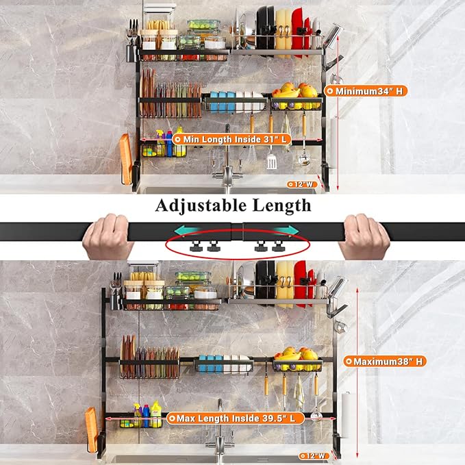 ADBIU Over Sink Dish Drying Rack (Expandable Height/Length) Snap-On Design Large Dish Drainer Storage Counter Organizer 32-40L x 12W x 34-38H (inches)