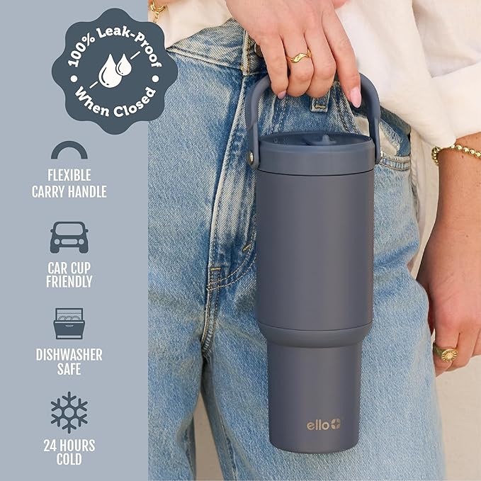 Ello Oasis Go+ 26oz Tumbler with Top Handle and Retracting Straw | Reusable Insulated Stainless Steel Cup, 100% Leakproof Water Bottle, 24 Hours Cold, Cup Holder Friendly For Travel | Horizon