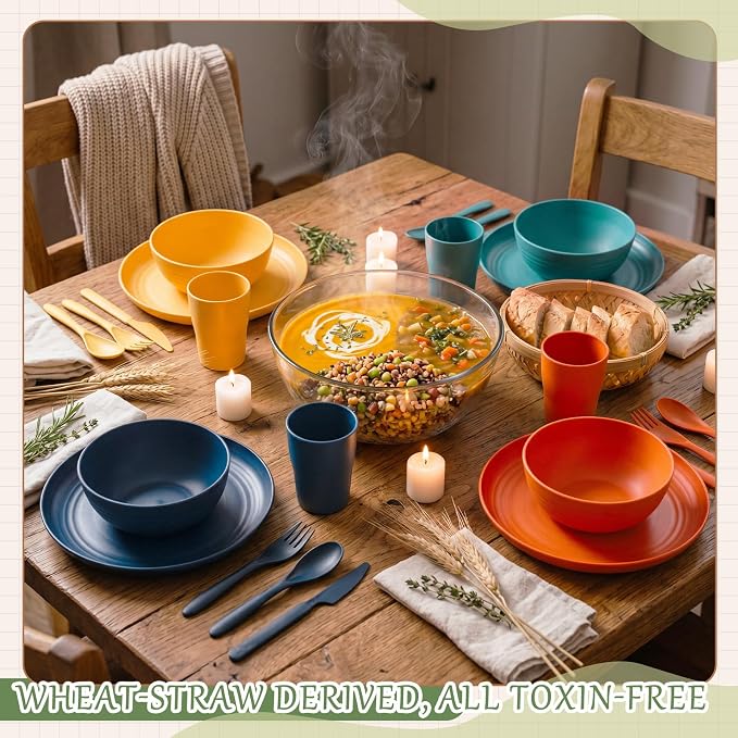 Zhehao 72 Pcs Wheat Straw Dinnerware Sets for 12 Dishwasher Microwave Safe Unbreakable Reusable Kitchen Cups, Plates, Bowls Cultery Sets for Patio, Outdoors, Rv, Camping Dishes (Multicolor)