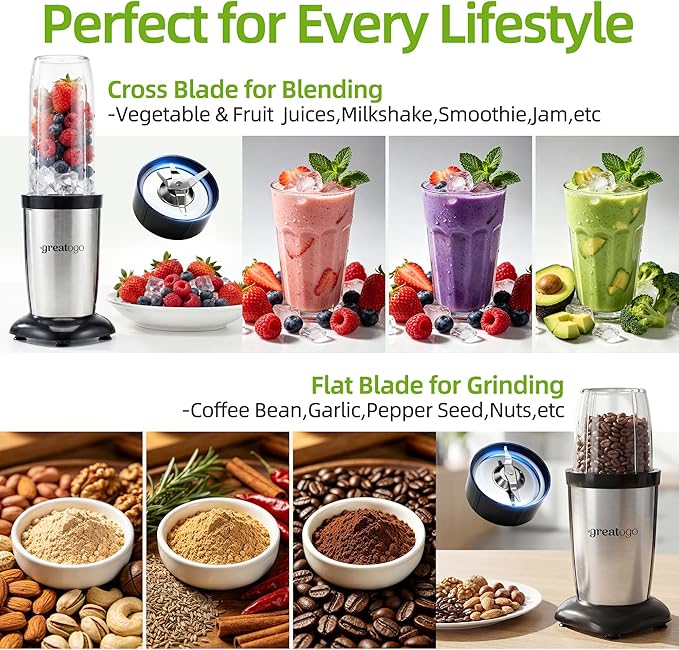 Compact Personal Blender for Smoothies & Shakes, 2-in-1 Bullet Blender and Grinder with 11-Piece Set, 2×24oz To-Go Cups + 10oz Grinding Cup, Ice Crushing, BPA-Free, Dishwasher Safe,Ideal Gift