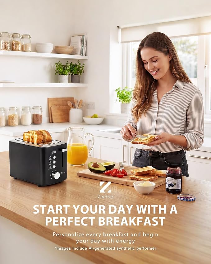 2 Slice Toaster with Wide Slots for Bread & Bagels, Stainless Steel Toaster with Digital Countdown, 6 Shade Settings, Defrost, Reheat & Cancel, Compact Design for Kitchen, Black