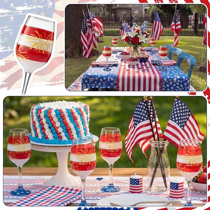 SiliFine 4 Pcs 4th of July Patriotic Party Stemmed Wine Glasses Hand Painted American Flag Stripes Fireworks Drinking Cup Wine Glasses Gifts for Independence Day Theme Holiday Party Supplies