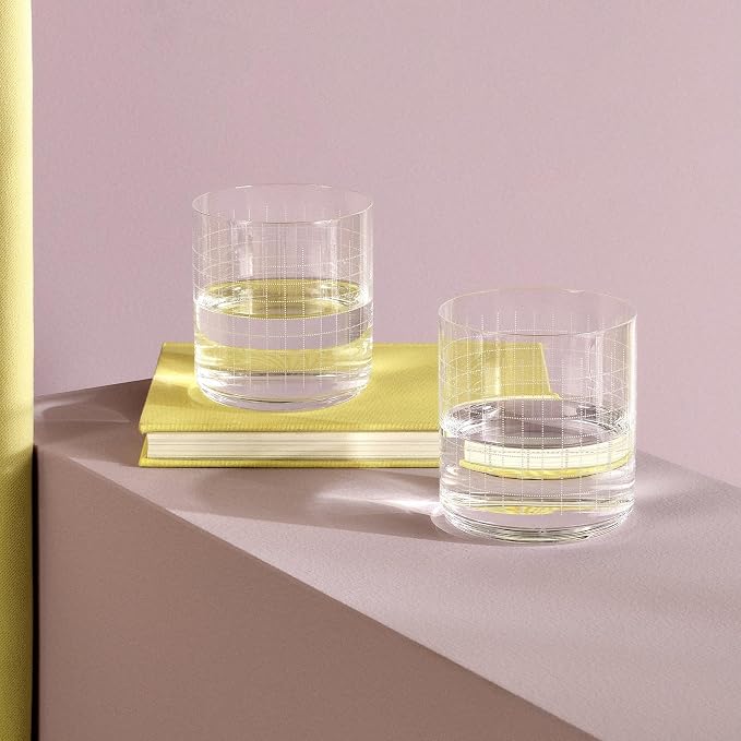 NUDE GLASS NUDE Whiskey Glasses Set of 4 DOF – 13.25 oz Finesse Grid Lead-Free Crystal Old Fashioned Glass