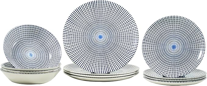 Tudor Royal Collection 12-Piece Round Dinnerware Set, Service for 4, Singapore Design, Blue Spiral, Plates Bowls Dishes, High-Gloss Premium Quality