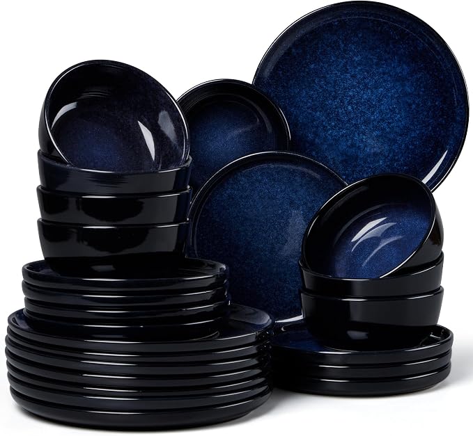 LIANYU 24 Piece Dinnerware Plate and Bowls Dishes Sets for 8, Modern Stoneware Ceramic Set, Kitchen Round Dinning Ware Dishware Set, Dishwasher and Microwave Safe, Midnight Blue